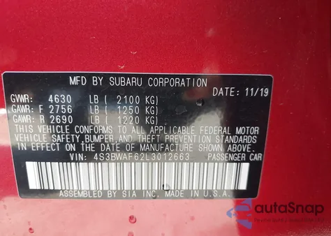 2020 Subaru Legacy Sport из США, поврежденный, VIN 4S3BWAF62L3012663